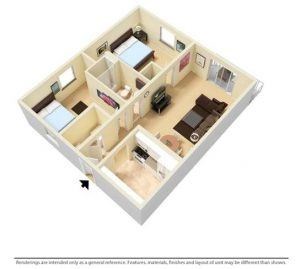 Floor plan for 2 beds, 1 bath, 817 sqft